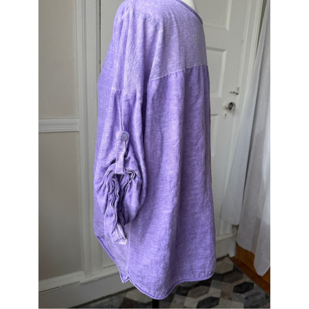 Kaktus Linen Top Purple Relaxed Fit Boho Artsy Lagenlook Roll Tab Sleeves Lg - Picture 6 of 15